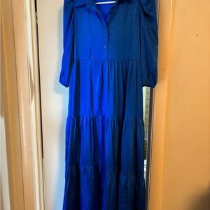 TCEC Blue Puff Sleeve Polo Collar Midi Sundress